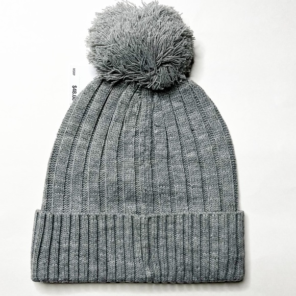 NWT Michael Kors Ribbed Pom Knit Cuffed Beanie Hat Grey OS - Picture 2 of 6